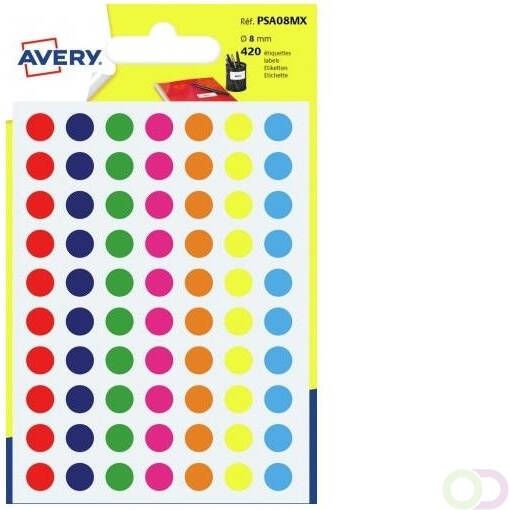 Avery PSA08MX ronde markeringsetiketten diameter 8 mm blister van 420 stuks geassorteerde kleuren